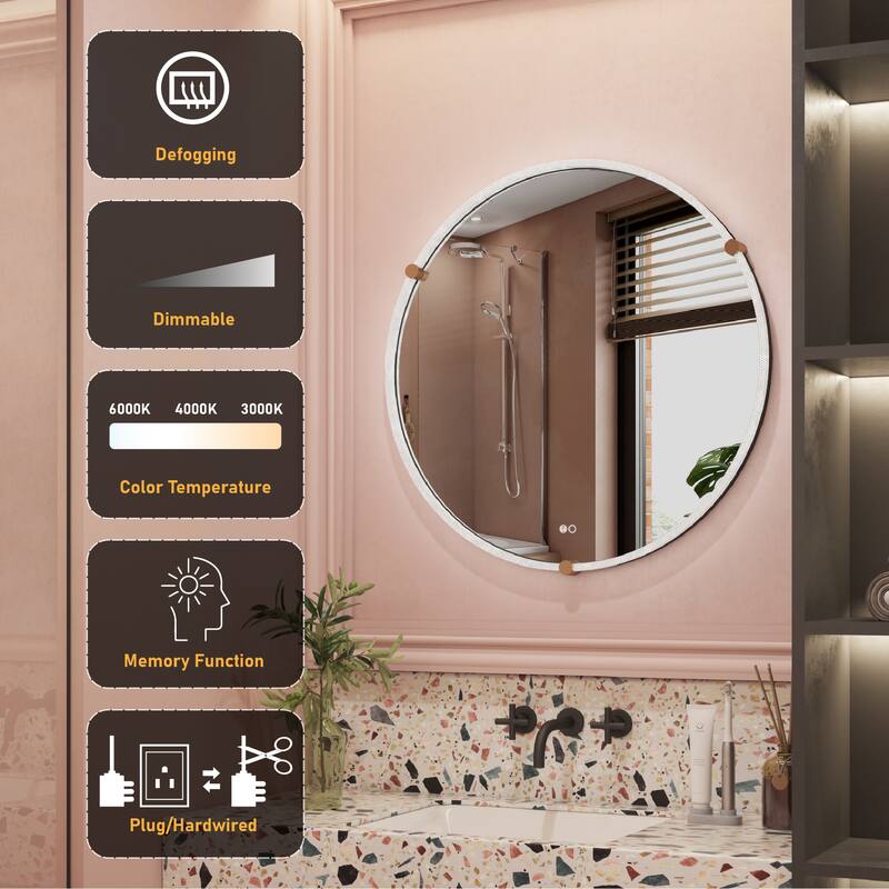 32" Wall Mounted Bathroom Round Framed Acrylic PMMA luminous LED Mirror With Memory Function - 32"Wx32"H