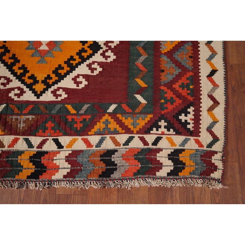 Vegetable Dye Red Tribal Kilim Qashqai Persian Vintage Wool Carpet - 5'4"x 6'3"