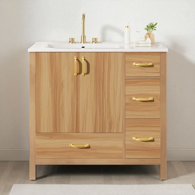 36" Wood Bathroom Vanity with Ceramic Sink, 4 Soft Close Drawers, 2 Doors, Adjustable Shelf & Gold Handles - Wood