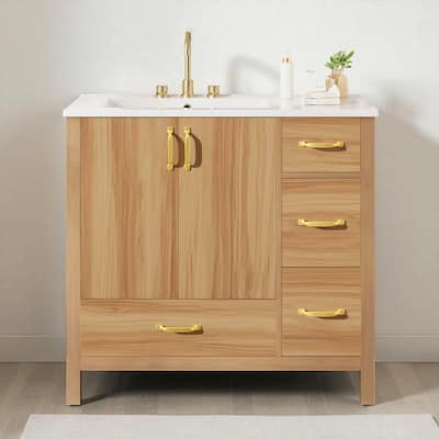36" Wood Bathroom Vanity with Ceramic Sink, 4 Soft Close Drawers, 2 Doors, Adjustable Shelf & Gold Handles