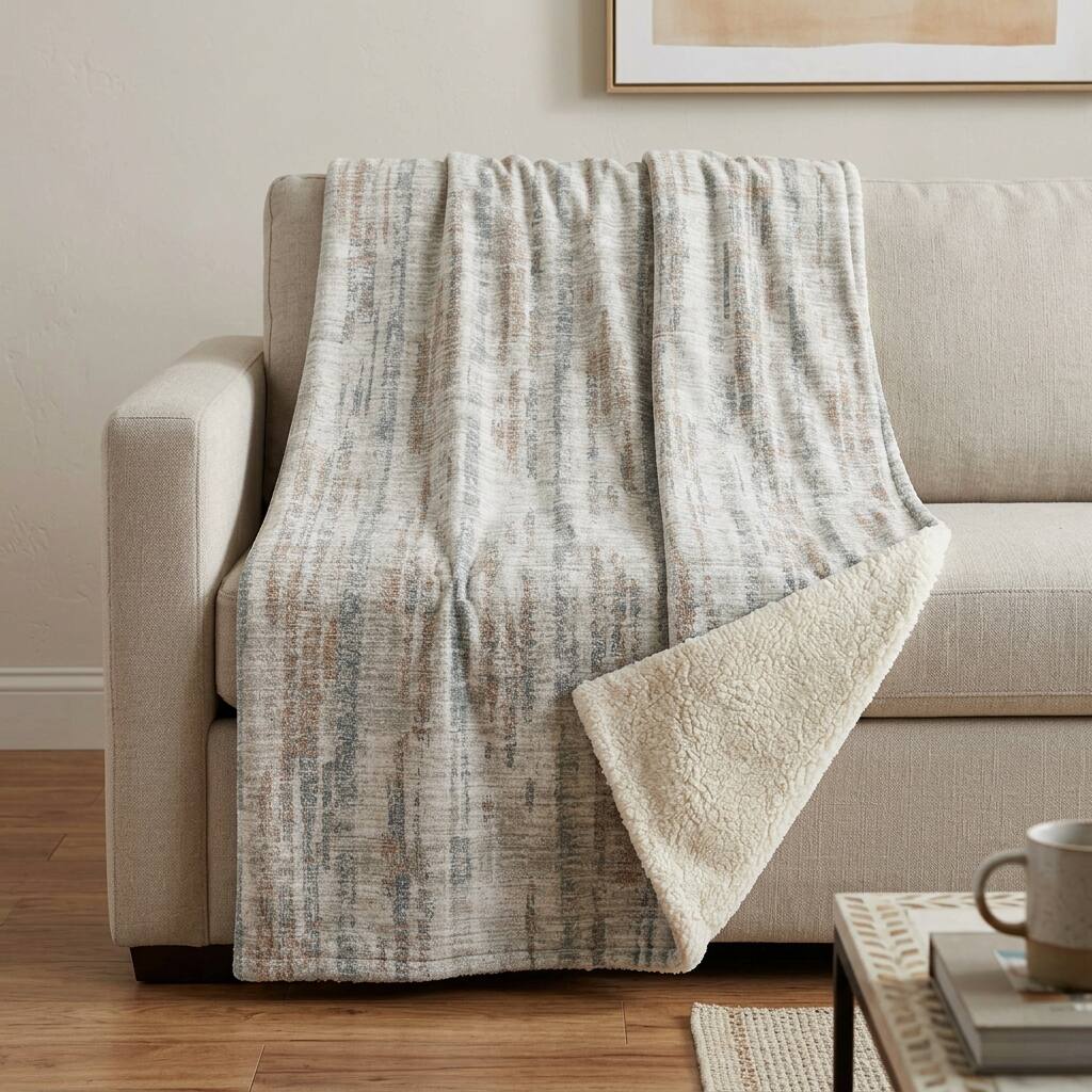 HomeRoots 50" X 70" Ivory And Blue Abstract Polyester Woven Plush Throw Blanket