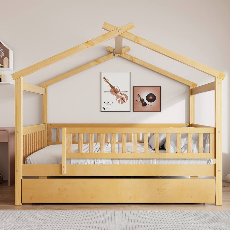 Montessori Bed House Bed with Trundle Bed and Headboard, Wood Daybed Platform Bed Frame No Box Spring Needed for Boys Girls