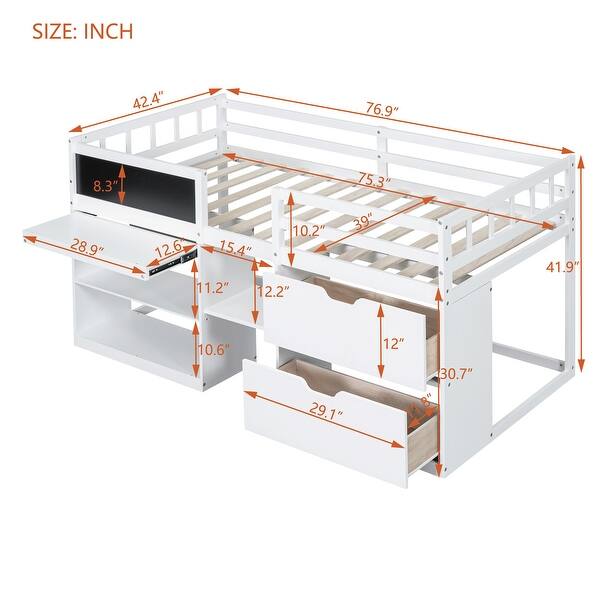 Versatility Twin Size Low Loft Bed Wood Guardrail Bed with Rolling Desk, Shelf and Two Underside Storage Drawers