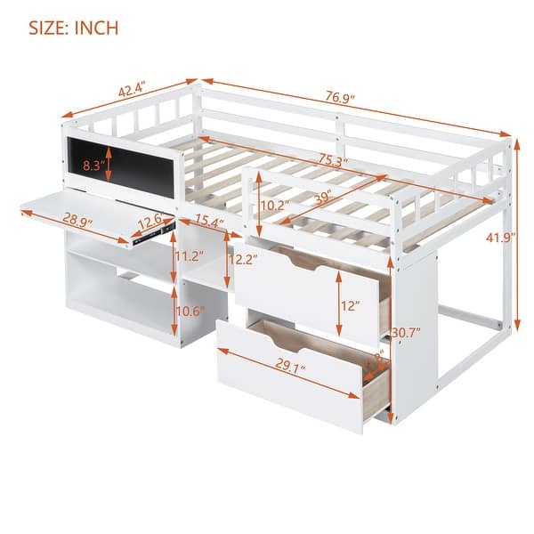 dimension image slide 0 of 3, Versatility Twin Size Low Loft Bed with Rolling Desk and Drawers