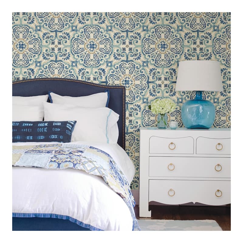 NuWallpaper Blue Florentine Tile Peel & Stick Wallpaper - 216in x 20.5in x 0.025in
