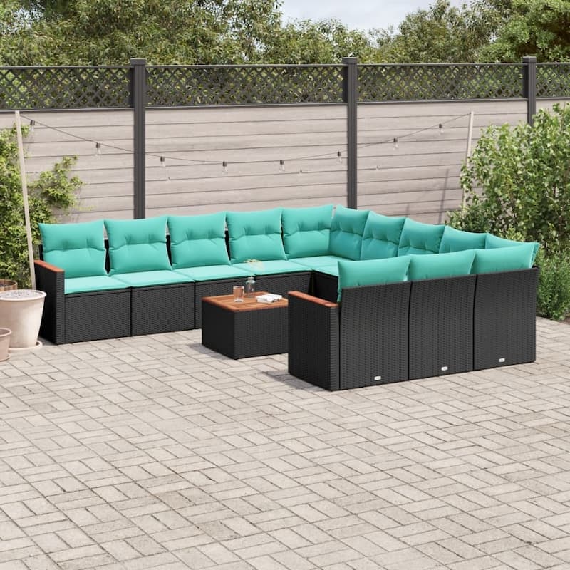 vidaXL 11 Piece Patio Sofa Set with Cushions Black Poly Rattan - 21.7x27.2x24.4-With table