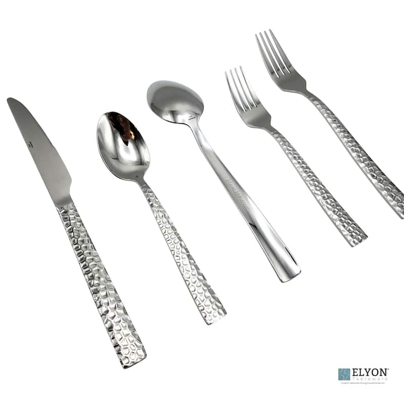 Elyon Hammered Reflective Silver 20, 40, 60 Piece Flatware Set Stainless Steel Service For 4, 8, 12