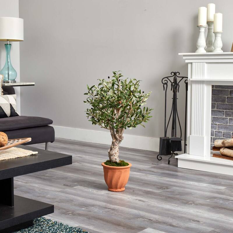 3ft Olive Artificial Tree in Terracotta Planter with Lifelike Green Leaves and Moss for Tabletop or Entryway Decor