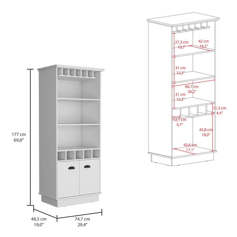 Dundee 70-Inch High 10-Glass Bar Cabinet with 5 Cubbies