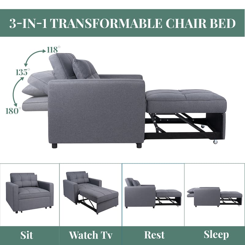 3-in-1 Convertible Recliner Chair Bed – Modern Upholstered Sleeper Sofa, Foldable Lounge Chair for Small Spaces