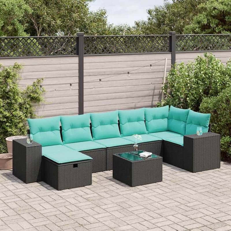 vidaXL 7 Piece Patio Sofa Set with Cushions Black Poly Rattan - 21.7 x 24.4 x 27.2 - Eight-piece set - Black-with storage