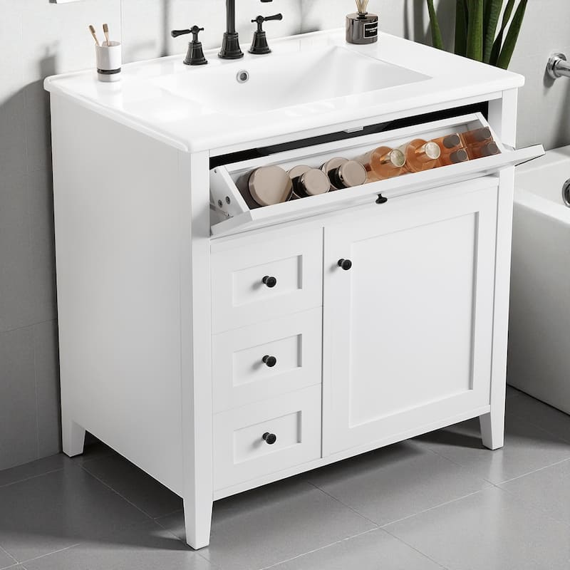 30-Inch Bathroom Vanity with Sink, MDF and Solid Wood Cabinet, 3 Drawers and Adjustable Shelf, Freestanding Design