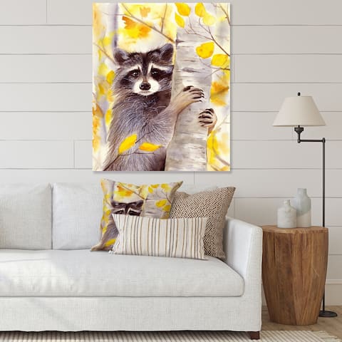 Designart 'A Cute Racoon On A Birch Tree With Autumn Yellow I' Traditional Canvas Wall Art Print