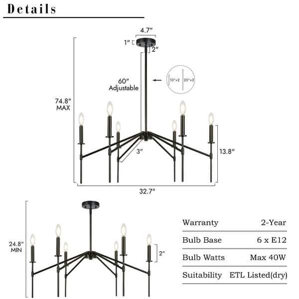 dimension image slide 1 of 2, Modern 6-Light Black Chandelier Industrial Metal Light Fixture for Dining Room - 32.7 " L × 13.8 " H