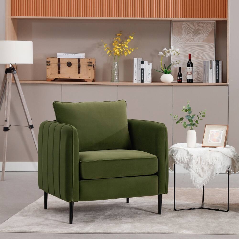 Velvet Accent Chair, Comfy Upholstered Single Sofa Chair, Armchair with 1 Pillow and Metal Legs for Living Room, Bedroom