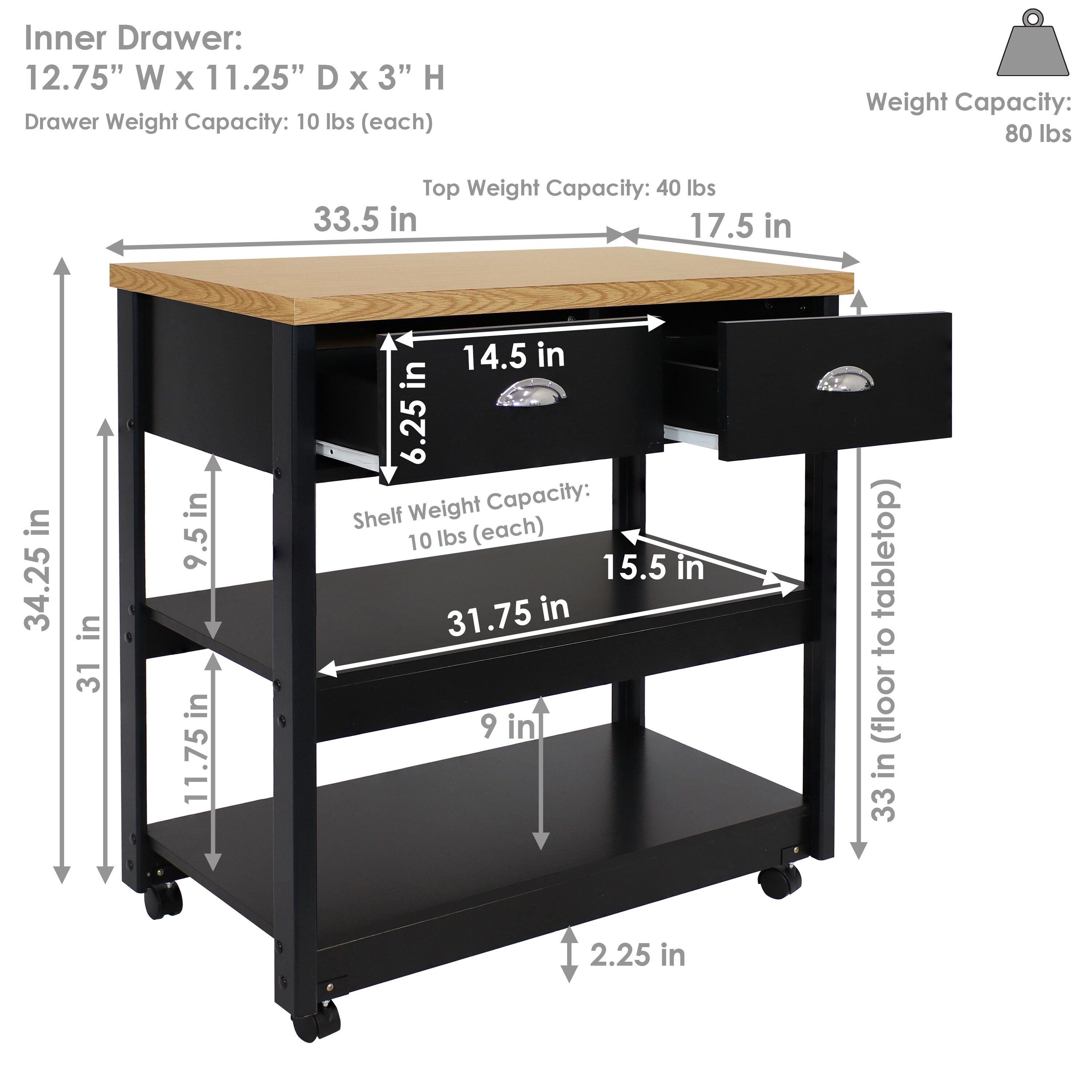 Trinity Home Entertainment Bamboo Kitchen Cart with Drop Leaf