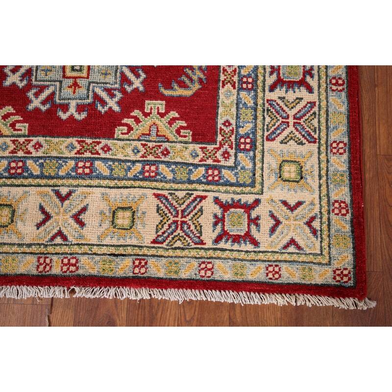 Red Geometric Kazak Foyer Rug Handmade Wool Carpet - 3'3" x 5'0"