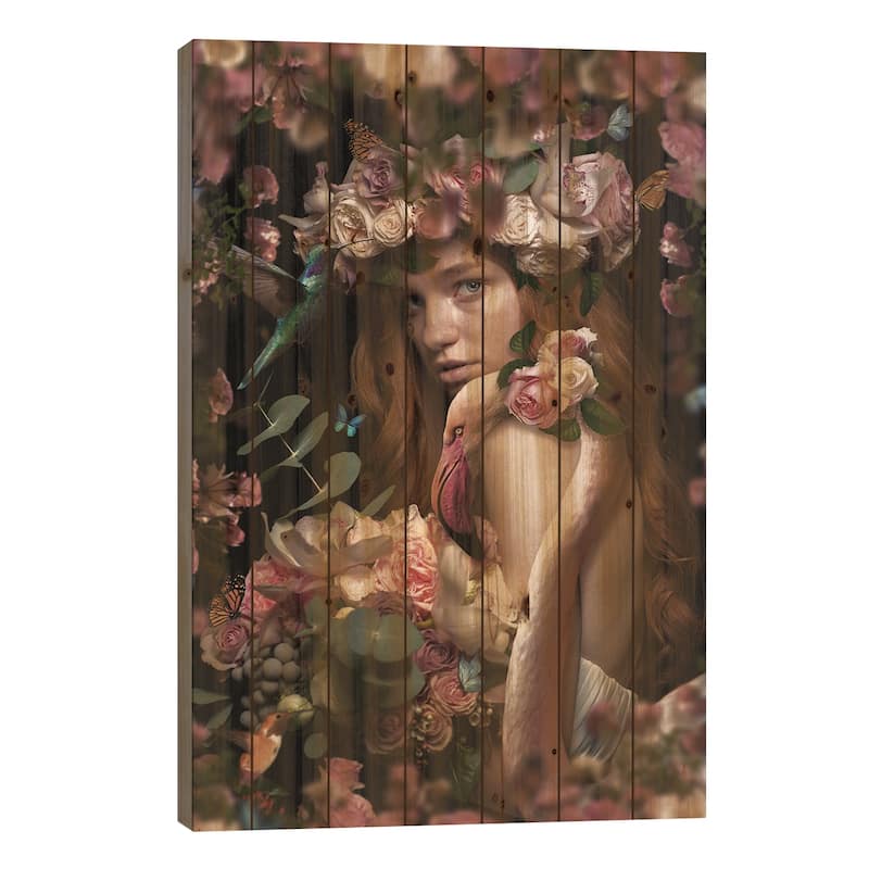 Woman Among Flowers With Flamingo Print On Wood by Adrian Vieriu - Multi-Color - 26x18x1.5
