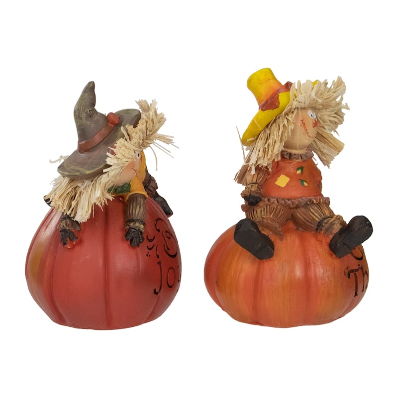 Set of 2 Scarecrow on a Pumpkin Thanksgiving Table Figures