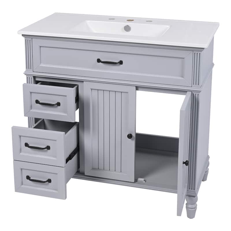White 36-Inch Bathroom Vanity with Gold Handles, Ample Storage, and Painted Finish