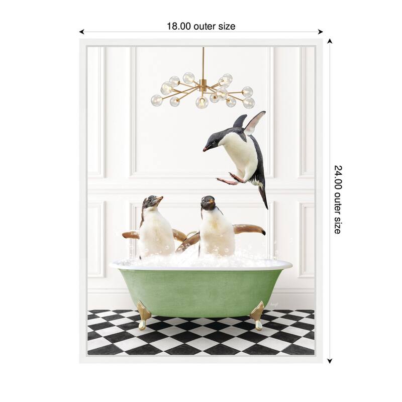 Kate and Laurel Sylvie Penguins in Green Bathtub Checker Floor Framed Canvas by Amy Peterson