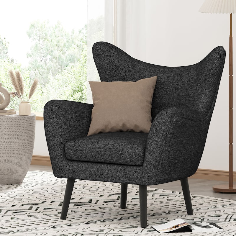 Black Modern 34.25" Upholstered Arm Chair with Oak Wood Legs and Wing Back