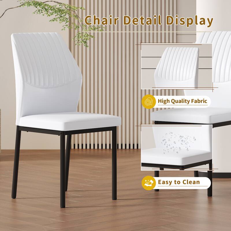 Roomfitters PU Dining Chairs with Black Metal Legs, Vertical Stripe Back, High Resilience Upholstered Set of 4, White+Black