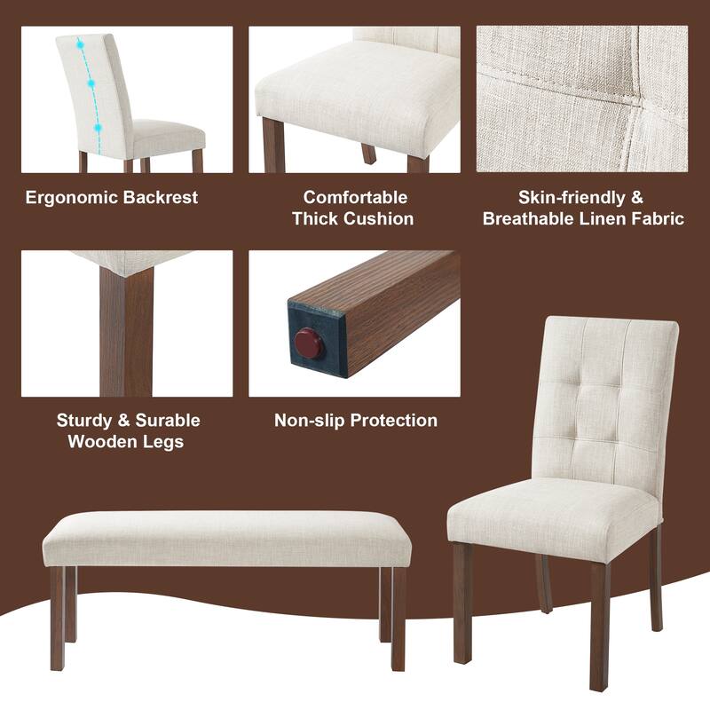 Modern 6-Piece Dining Set, Rectangle Table with 4 Upholstered Chairs and Bench for Dining Room Enjoyment