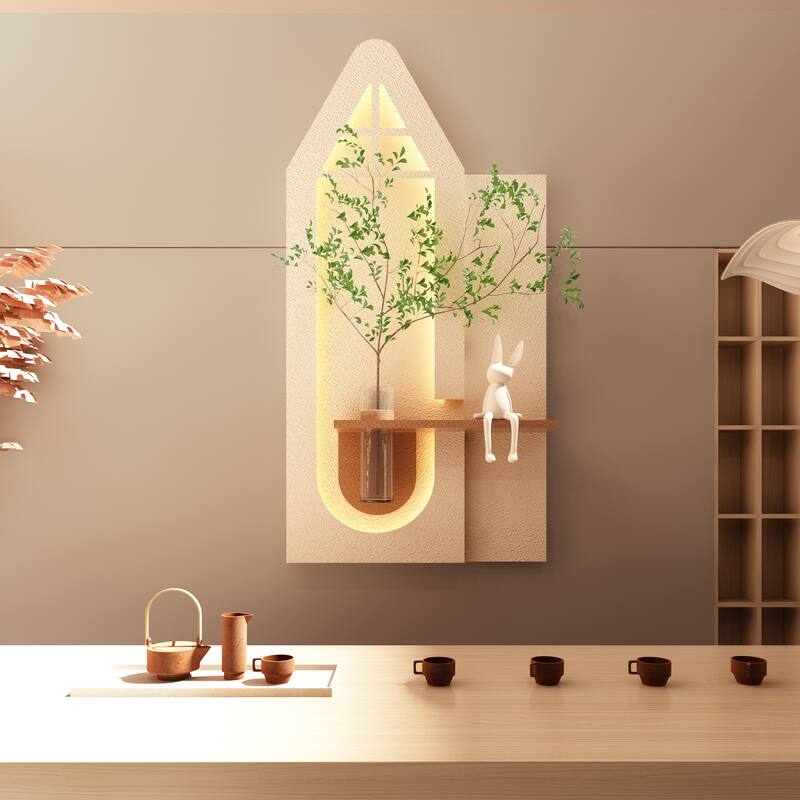 Adjustable 3-Color LED Sandstone Wall Decor with Simulated Green Plants - 3D Art Sculpture, Glass Vase & Rabbit Statue