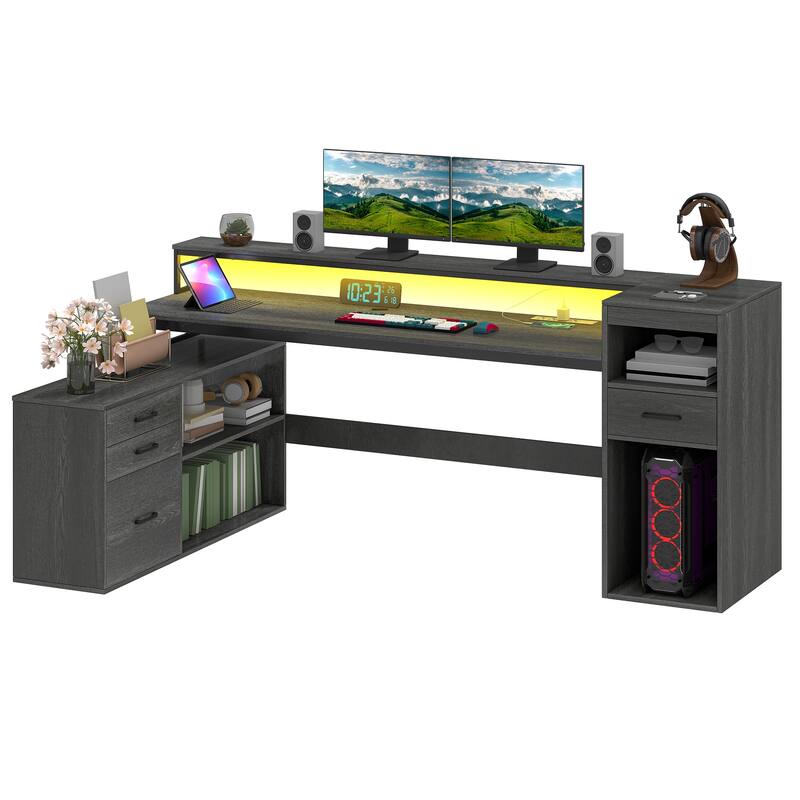 Moasis Farmhouse L Shaped Desk with Drawers, Power Outlets & LED Lights