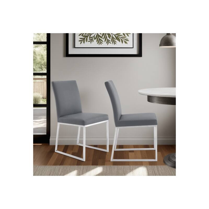 Renaissance Dining Chairs - Set of 2 - Grey Faux Leather & Stainless Steel Accent Chairs