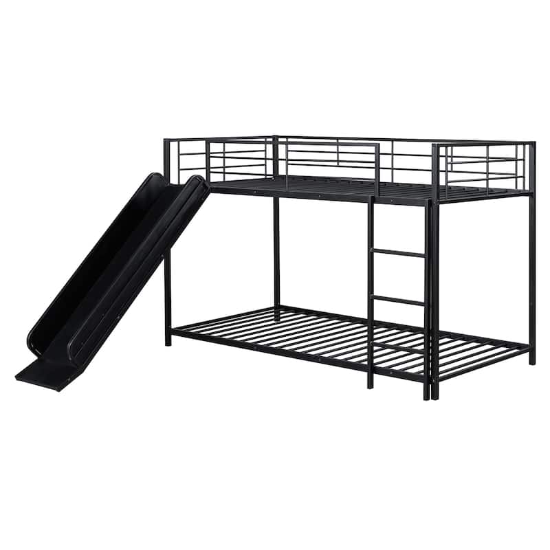 Twin over Twin Metal Bunk Bed with Slide, Guardrails, and Convertible Loft Design, Black