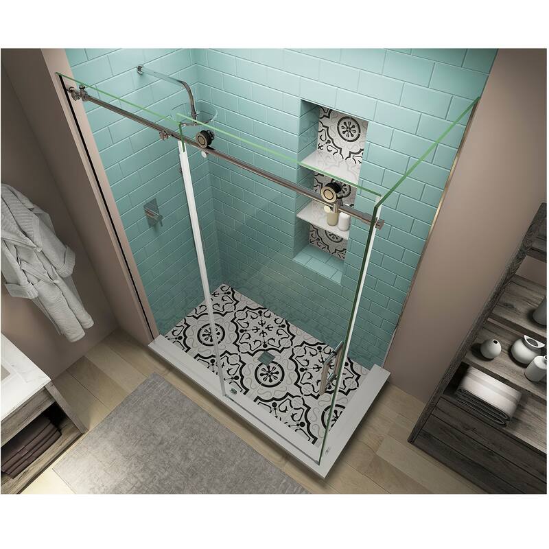Coraline XL 56-60 in. x 34 in. x 80 in. Frameless Corner Sliding Shower Enclosure, Clear Glass, Right