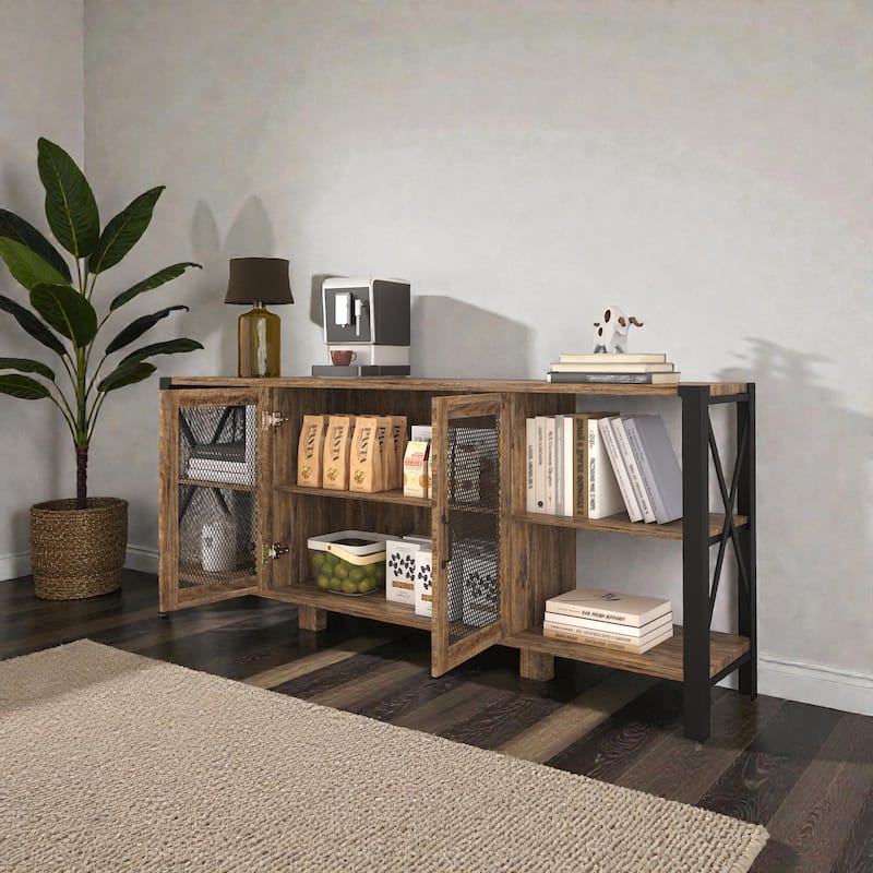 Industrial TV Stand for Living Room, Modern Farmhouse Wood & Metal Entertainment Center with Open Bookshelf