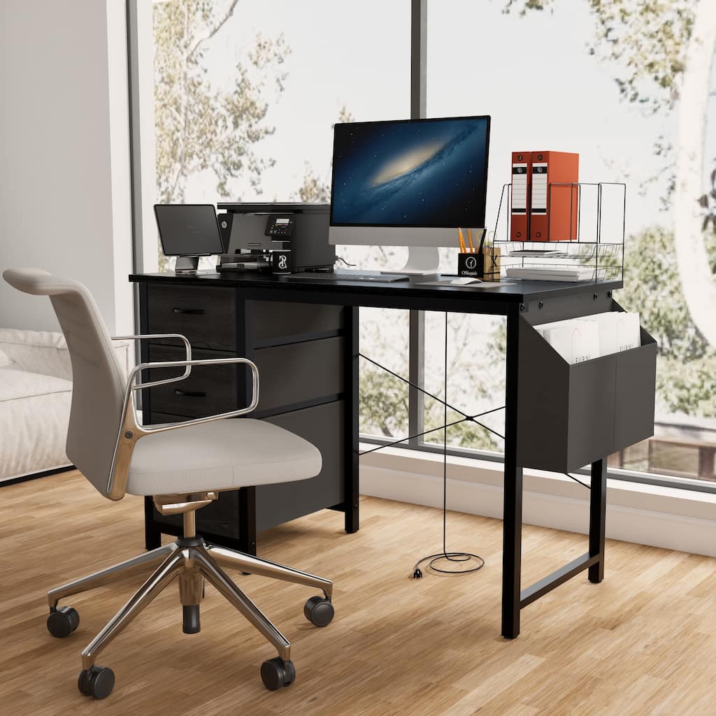 47'' Office Desk, Modern Reversible Study Writing Desk Workstation With Hutch, 3 Drawers, Power Outlets And Side Pockets