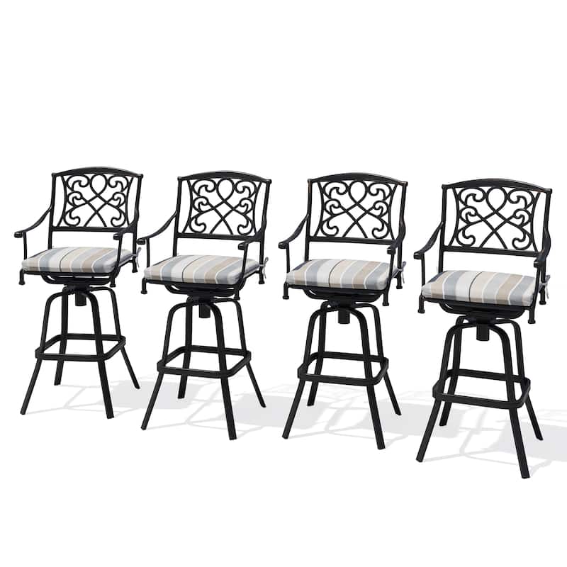 Set of 2/4 Outdoor Cast Aluminum Swivel Bar Stools with Sunbrella Fabric Cushion - MILANO CHAR - 4PC