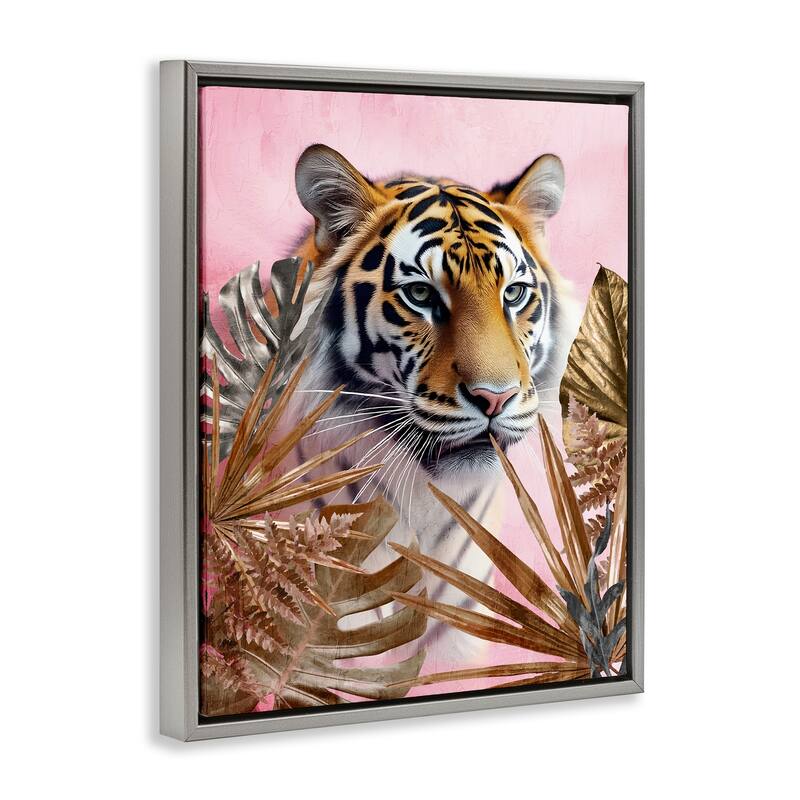 Stupell Exotic Tiger with Gold Leaves Framed Floater Canvas Wall Art Design By Kim Allen