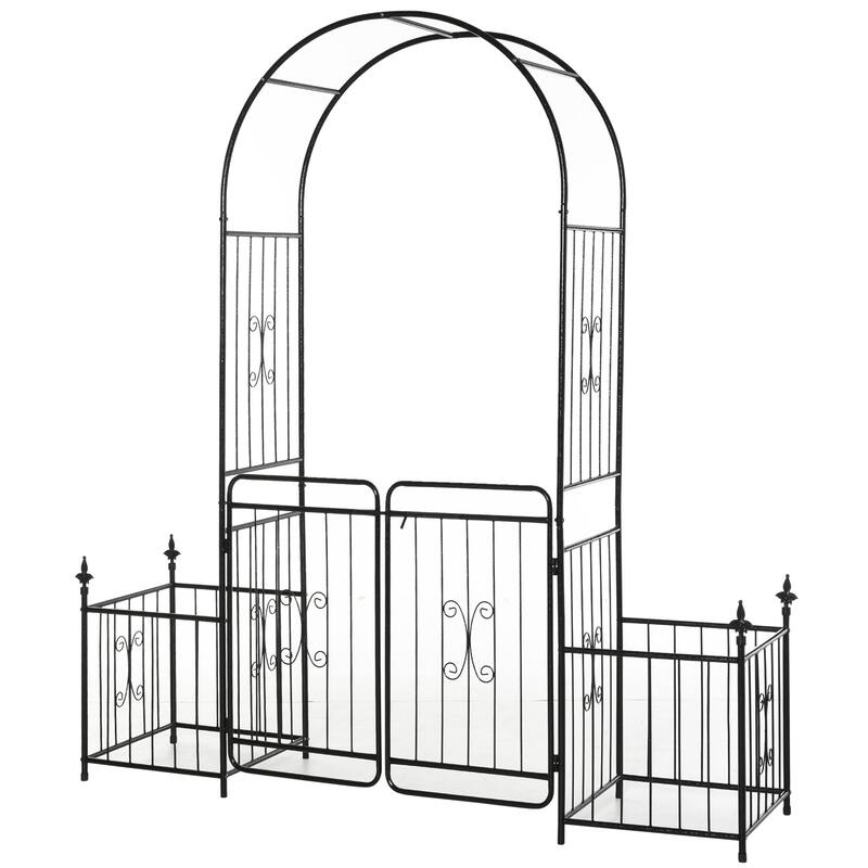 Outsunny 7.2' Metal Garden Arbor Arch Gate with 2 Side Planter Boxes, Climbing Vine Frame, & Double Door Design