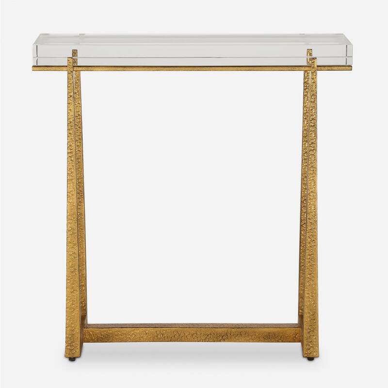 Thick Crystal Top End Accent Table - 24" - Antique Gold