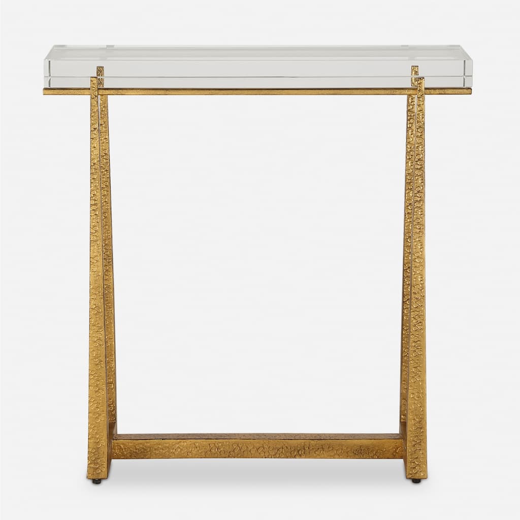 Thick Crystal Top End Accent Table - 24" - Antique Gold