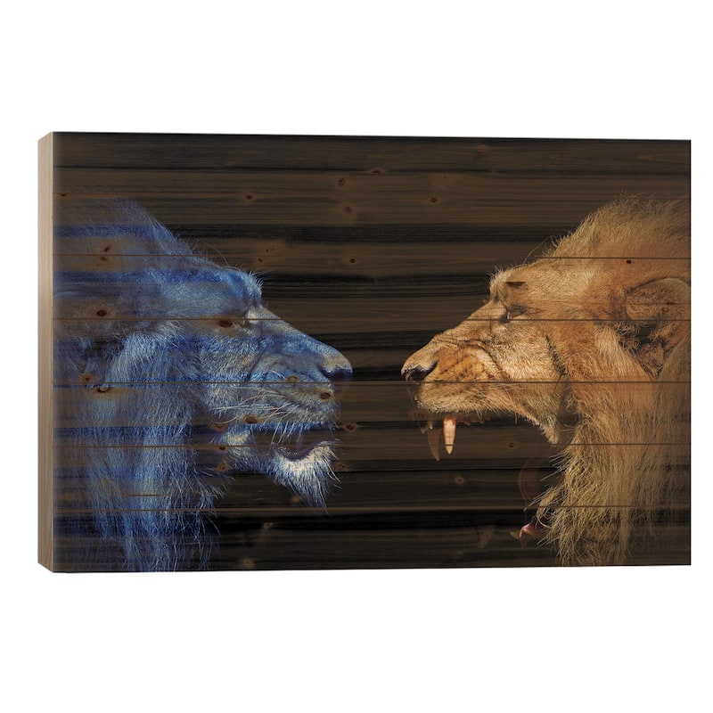 Lions In The Fight Print On Wood by Adrian Vieriu - Multi-Color - 18x26x1.5