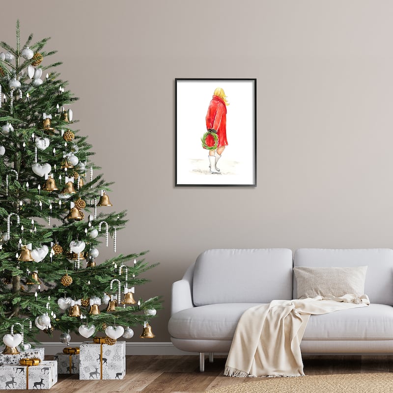Stupell Glam Fashion Red Jacket Christmas Woman with Wreath Framed Wall Art