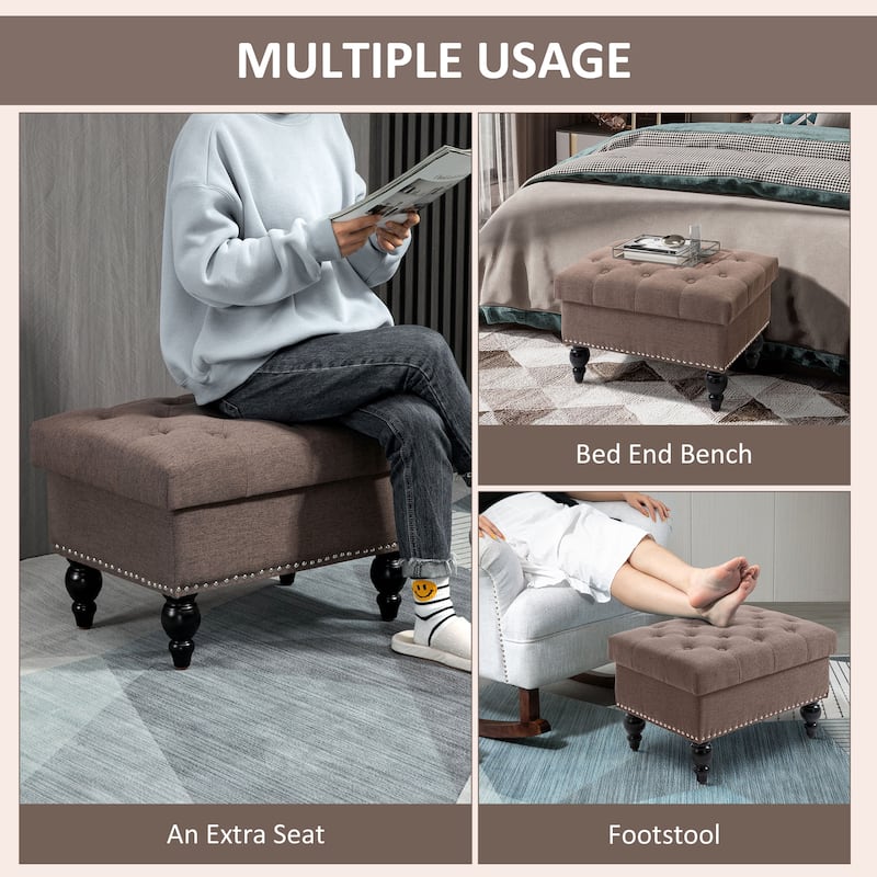 Multi-Functional Storage Ottoman with Rubberwood Legs and Tufted Lid for Bedroom or Living Room
