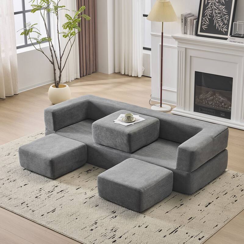 79.14" Chenille 3-Seater Sofa, Foldable Play Mat and Removable Cover