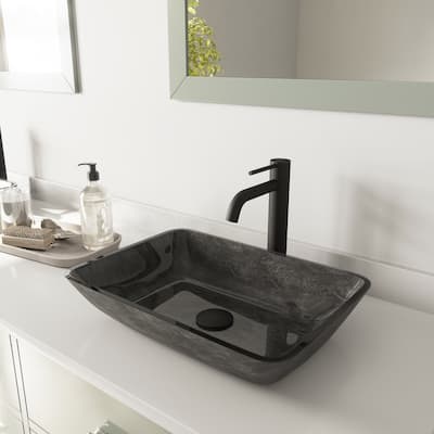 VIGO Rectangular Gray Onyx Glass Vessel Bathroom Sink and Lexington cFiber Vessel Faucet Set in Matte Black