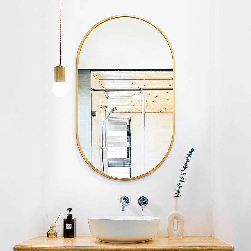 GDFStudio - Verona Modern Metal Frame Oval Bathroom Vanity Decorative Mirror with Elongated Silhouette & Easy Wall Mounting