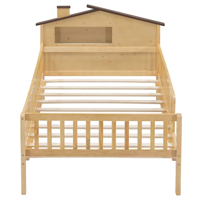 Wood Platform Bed with House-shaped Headboard, LED and Built-in Storage
