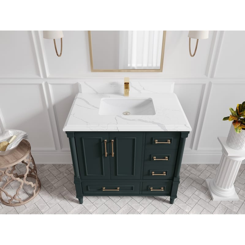 Willow Collections 36 in. W x 22 in. D Aberdeen Center Sink Left Bathroom Vanity with Countertop - 2" Calacatta Laza - Dark Forest Green