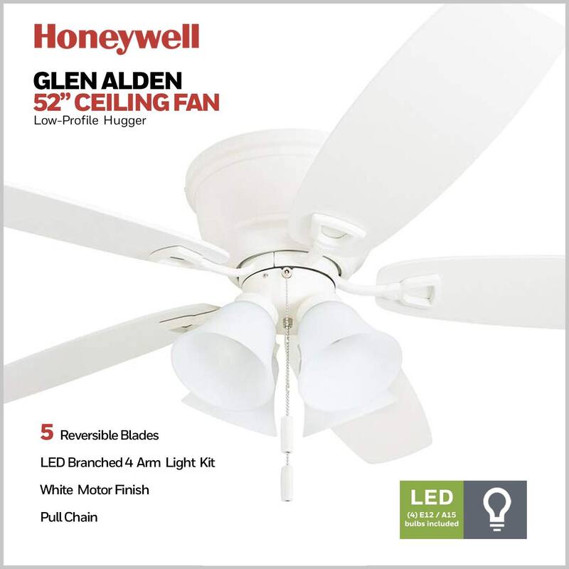 52" Honeywell Glen Alden White LED Indoor Ceiling Fan with Light & Pull Chain