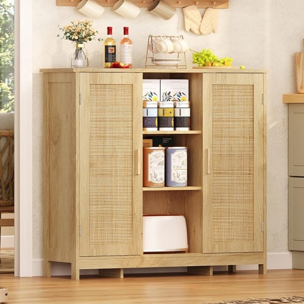 slide 2 of 7, Rattan Storage Cabinet with 3 Adjustable Shelves - 11.8"D x 35.4"W x 31.7"H Natural